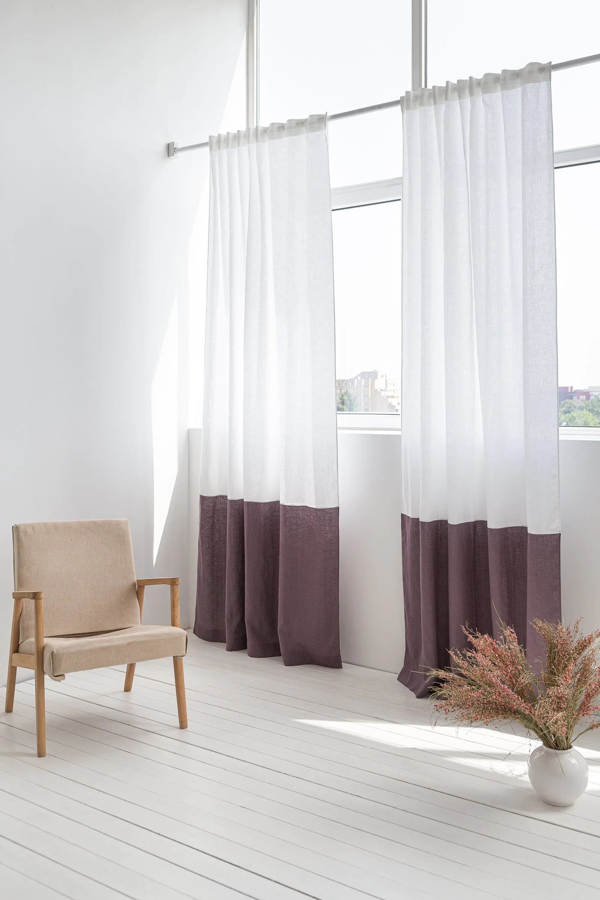 image-White and Pastel Plum linen curtains with tape, two tones