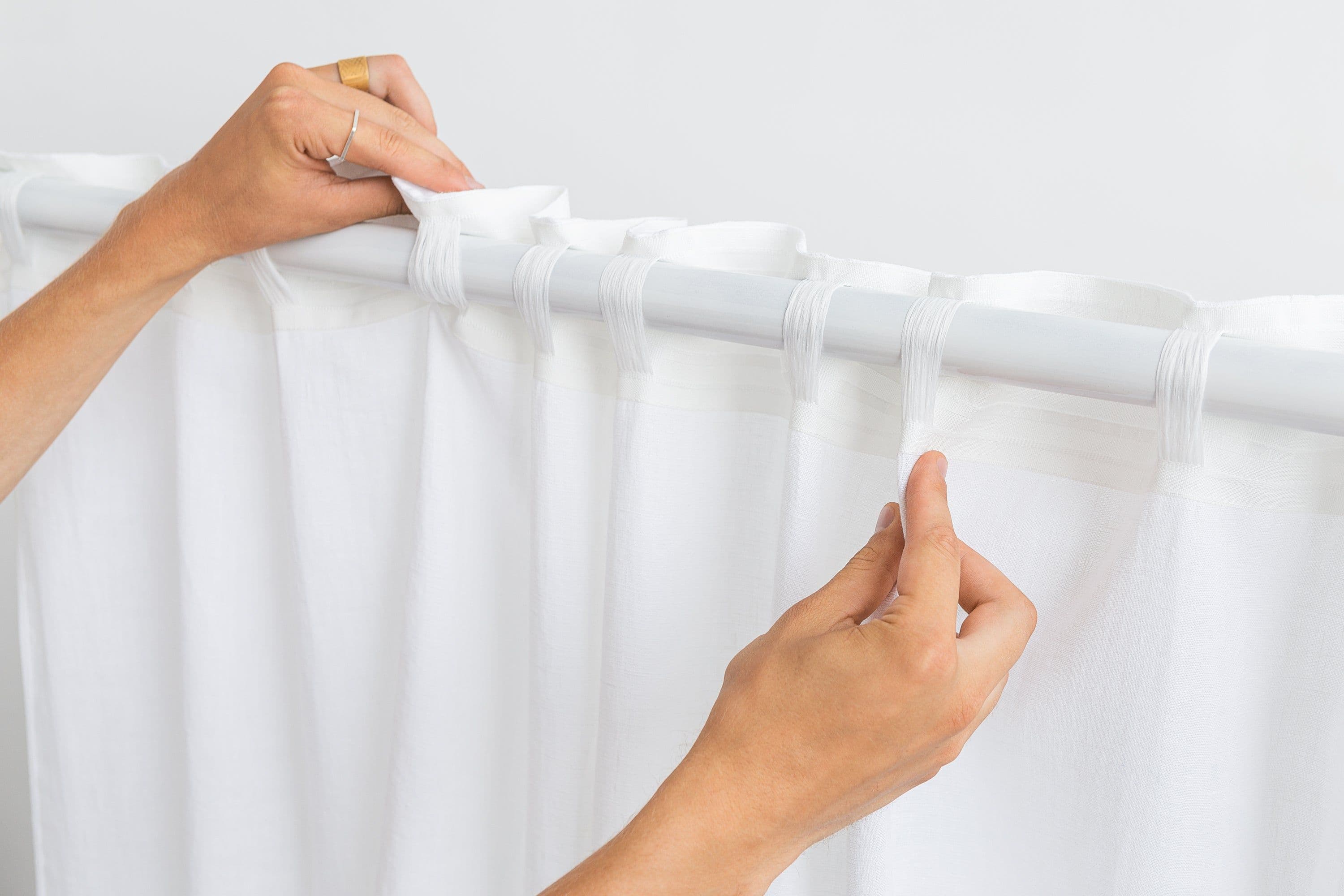 image-White and Pastel Plum linen curtains with tape, two tones