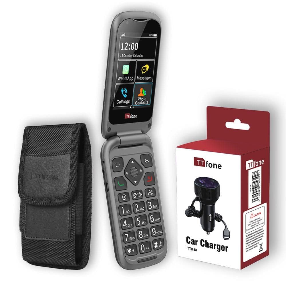 image-Bundle offer for TTfone TT970 4G WhatsApp Flip Big Button Senior Mobile with Nylon Holster Case (TTCB9) and Car Charger (TTCC), O2 Bundle Pay As You Go