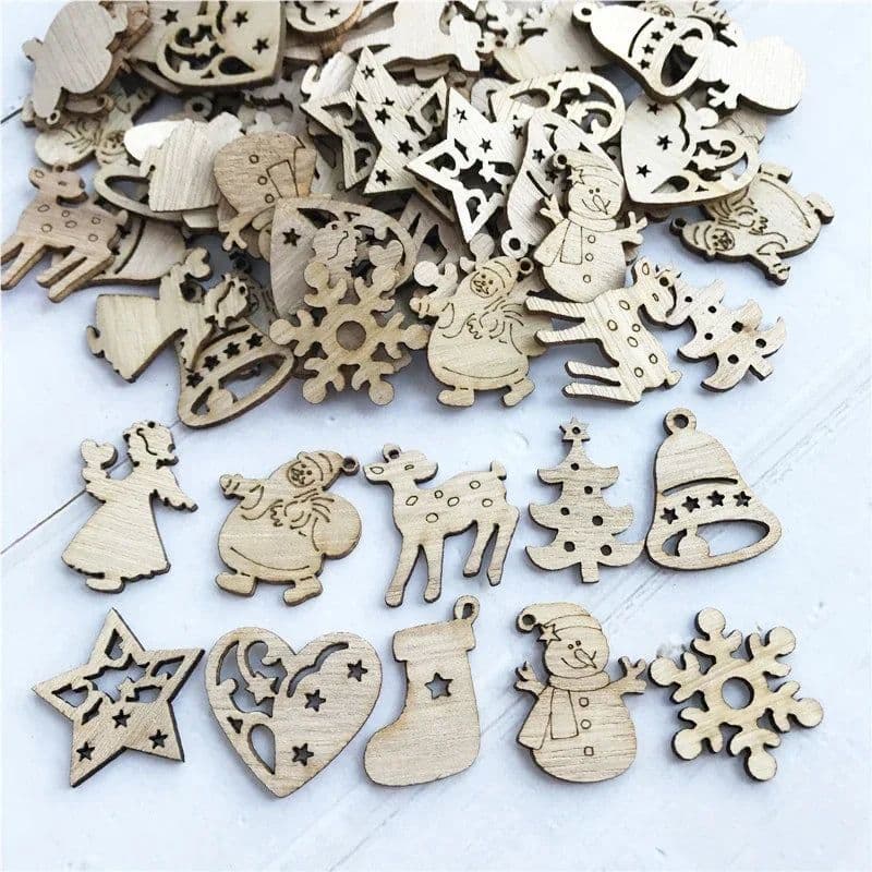image-50Pcs DIY Natural Wooden Chip Santa Claus Christmas Tree Hanging Ornaments Pendant Kids Gifts Snowman Tree Shape Xmas Decoration