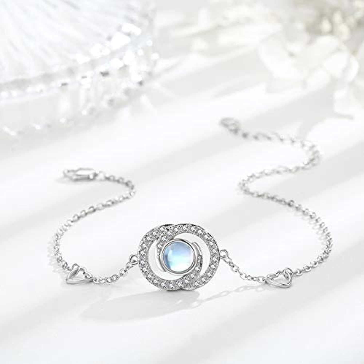 image-Sterling Silver Moonstone Infinity Symbol Heart Link Bracelet for Birthday Christmas
