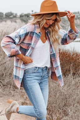 image-Shacket with Pink/Black Plaid Flap Pockets - Chic Style, Loose Fit (65 characters)