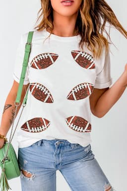 image-White Sequined Rugby Football Graphic T-Shirt