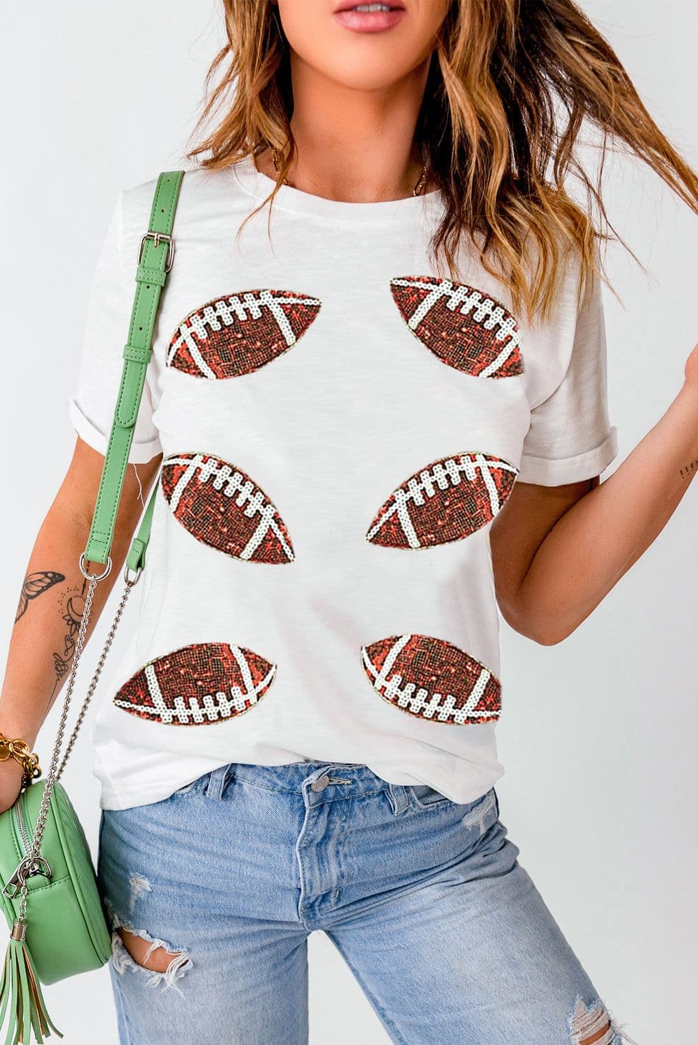 image-White Sequined Rugby Football Graphic T-Shirt