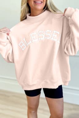 image-Light Pink Blessed Embroidered Mock Neck Sweatshirt