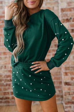image-Dark Green Pearl Embellished Drop Shoulder Pullover Elastic Waist Mini Skirt Set