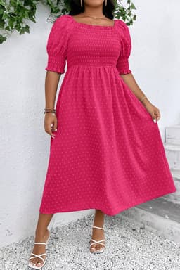 image-Plus Size Wisteria Swiss Dot Smocked Frilled Dress - Elegant