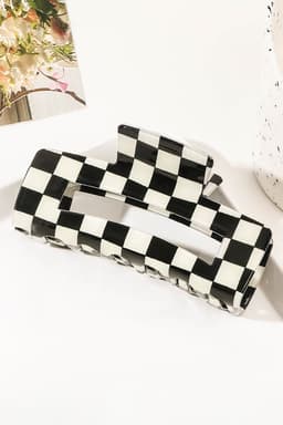image-Black Checkered Hollow Out Hair Clip - Large Acrylic