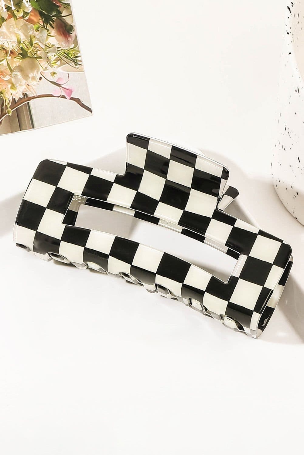 image-Black Checkered Hollow Out Hair Clip - Large Acrylic