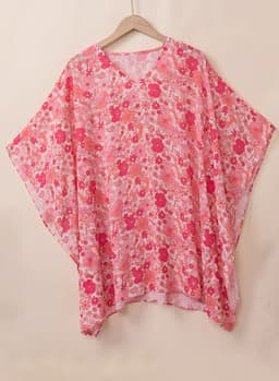 image-Pink Boho Floral V Neck Kimono Blouse - Oversized