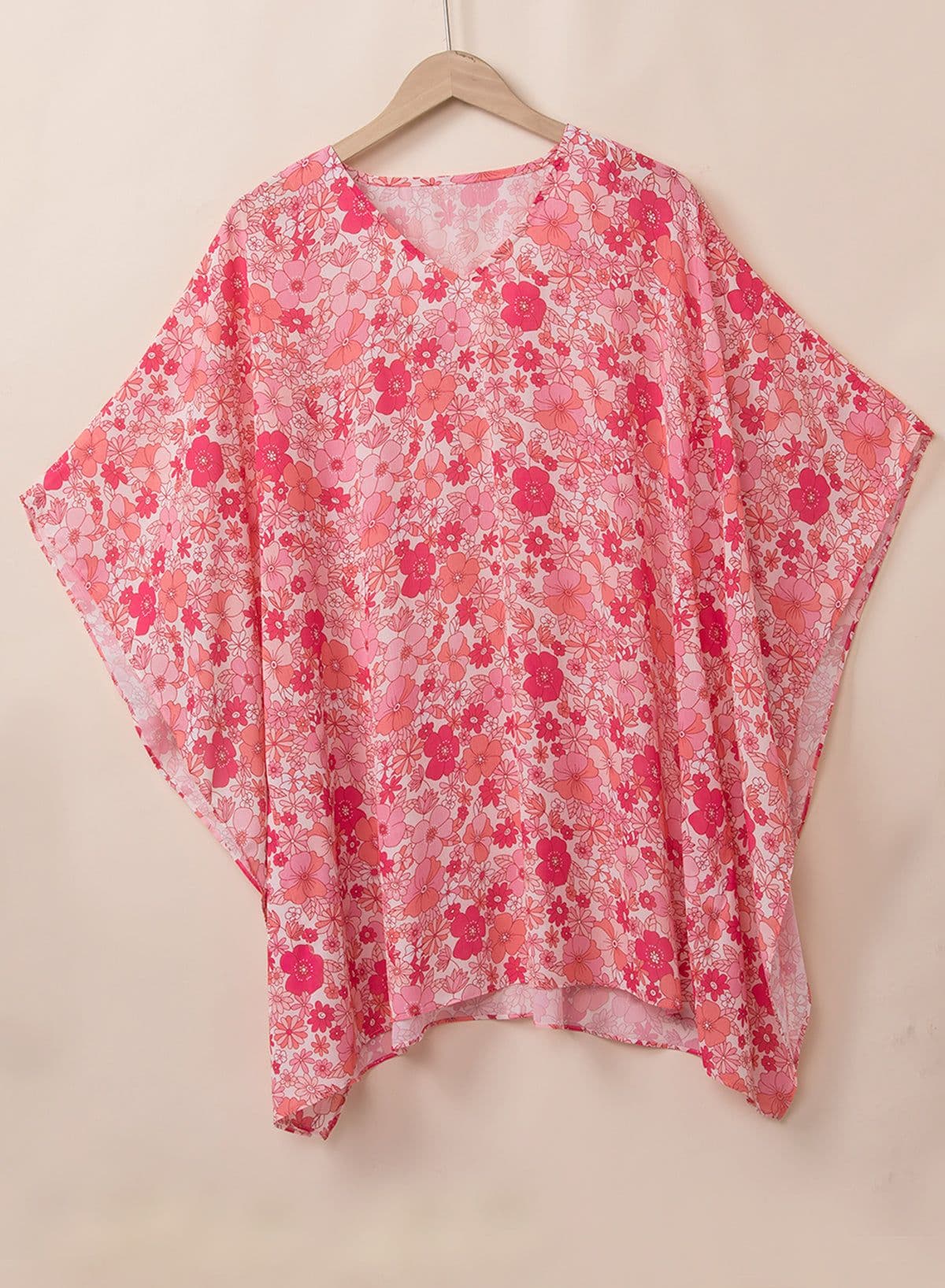 image-Pink Boho Floral V Neck Kimono Blouse - Oversized