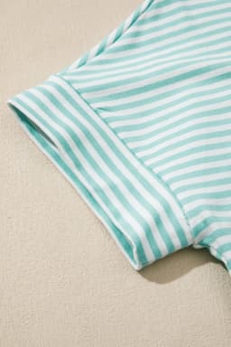 image-Sky Blue Stripe Cuffed Sleeve Contrast Mock Neck Tee Casual 2pcs Short Set