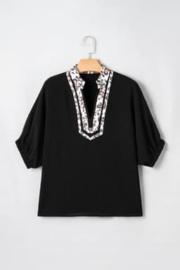 image-Black Dolman Half Sleeve Leopard Patchwork V Neck Blouse