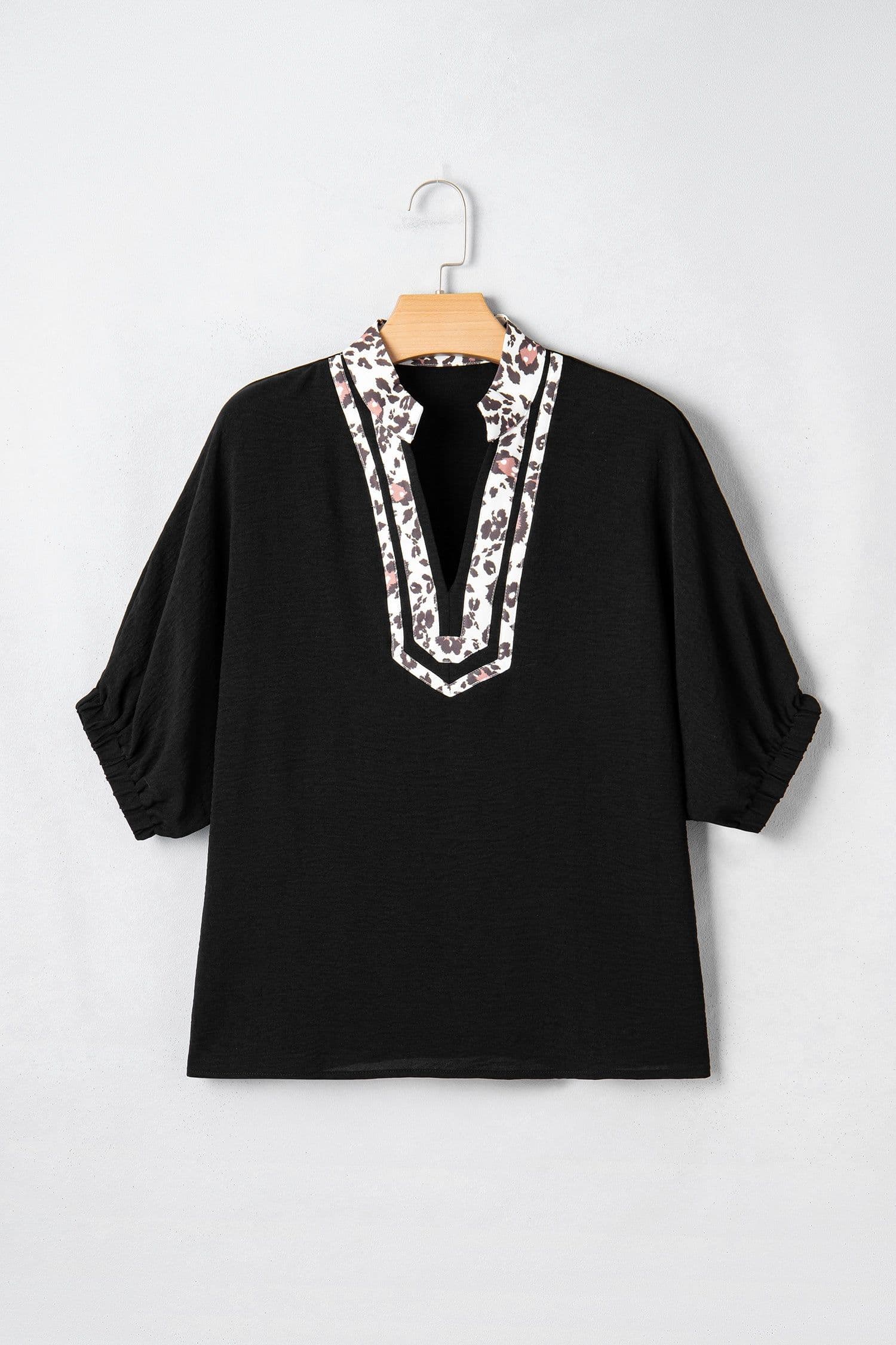image-Black Dolman Half Sleeve Leopard Patchwork V Neck Blouse