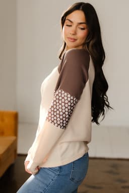 image-Brown Floral Patchwork Long Sleeve Top