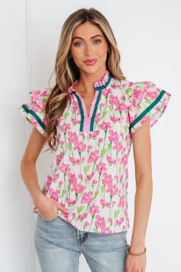 image-Pink Floral Print Blouse - V Neck Double Ruffle