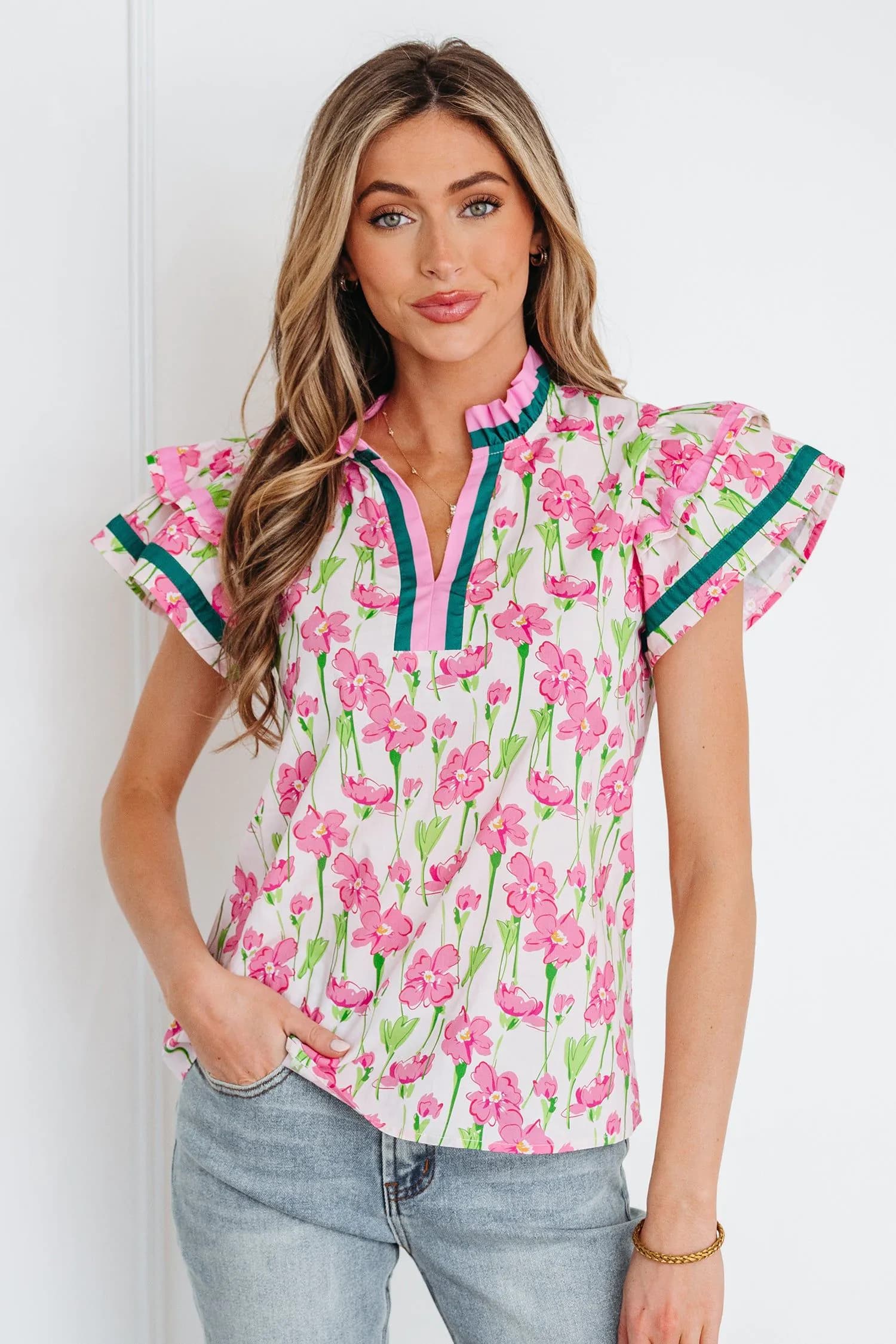 image-Pink Floral Print Blouse - V Neck Double Ruffle