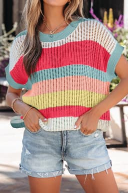 image-Green Stripe Color Block Hollow Out Knit Short Sleeve Sweater