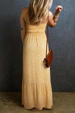 image-Yellow Frilly Smocked High Waist Floral Maxi Dress