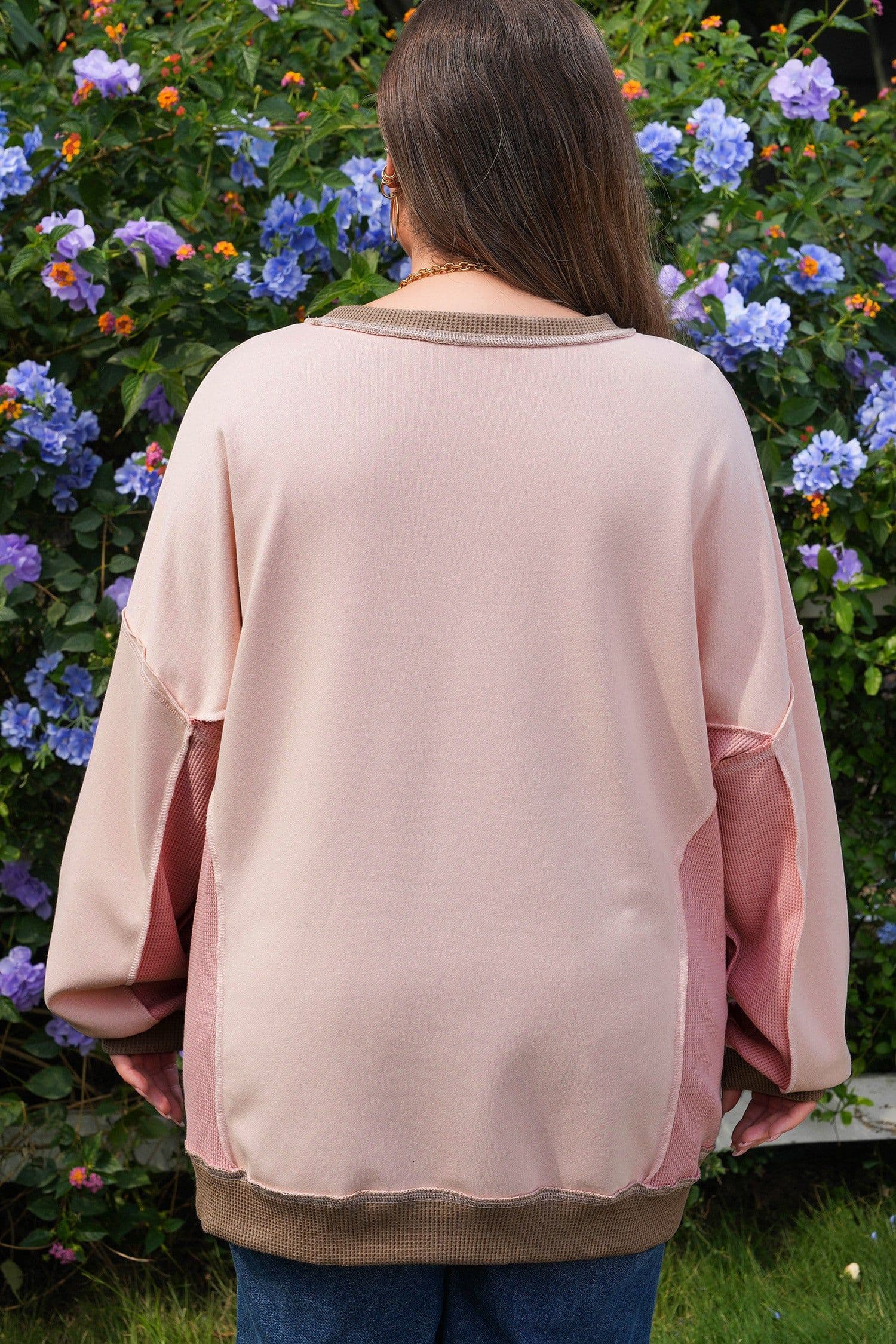 image-Light Pink Plus Color Block Waffle Sweatshirt
