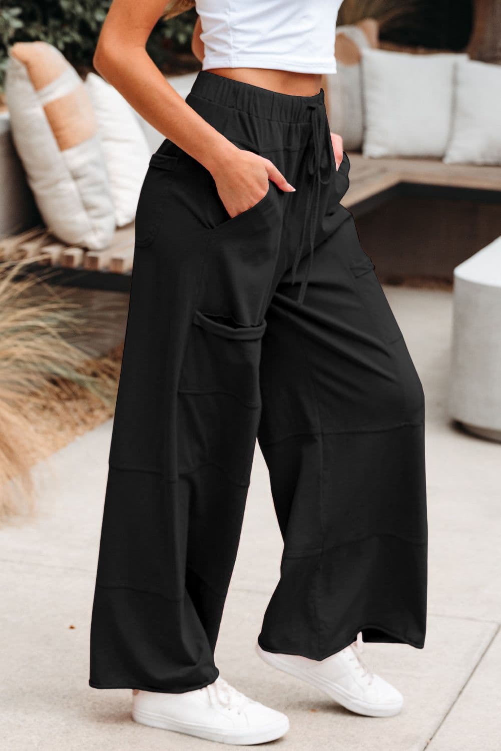 image-Smoke Gray Mineral Wash Exposed Seam Drawstring Elastic Waistband Wide Leg Cargo Pants