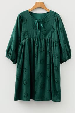 image-Blackish Green Embroidered Eyelet Puffy Sleeve Mini Dress