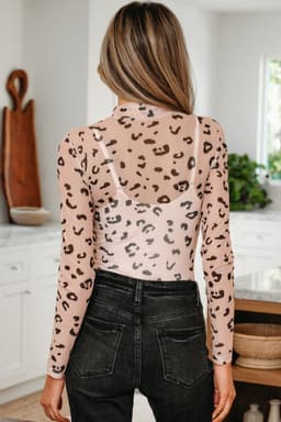 image-Khaki Leopard Mock Neck Bodysuit Long Sleeve