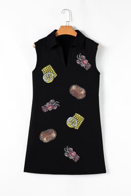 image-Black Sequin Patchwork Mini Dress V Neck