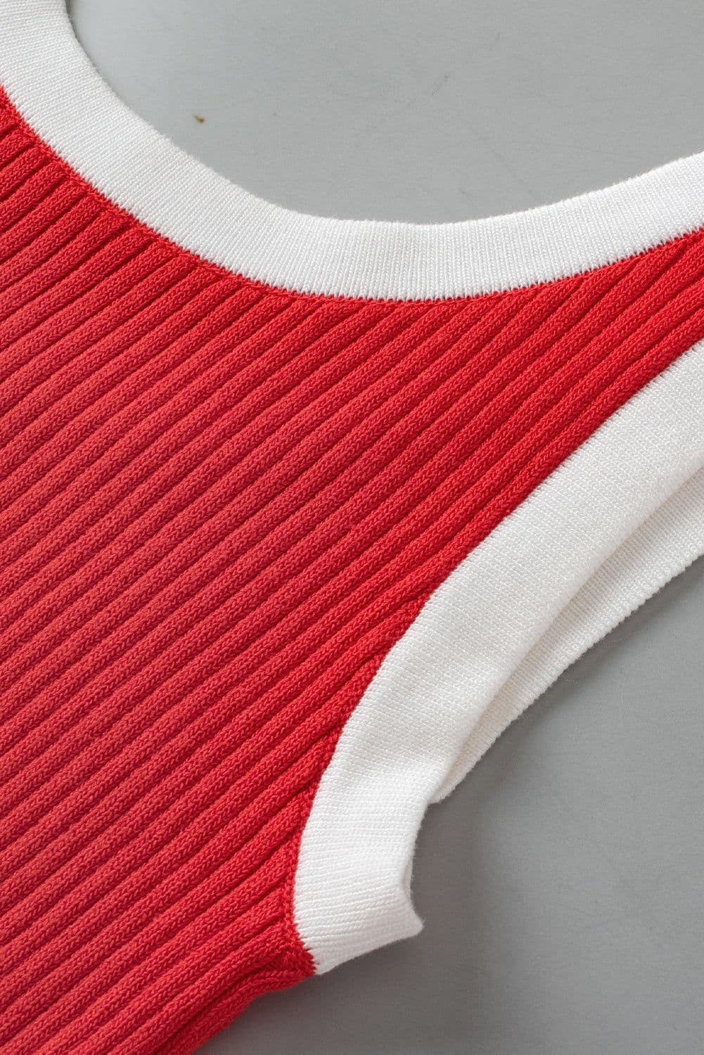 image-Pink Colorblock Edge Ribbed Knit U Neck Tank Top