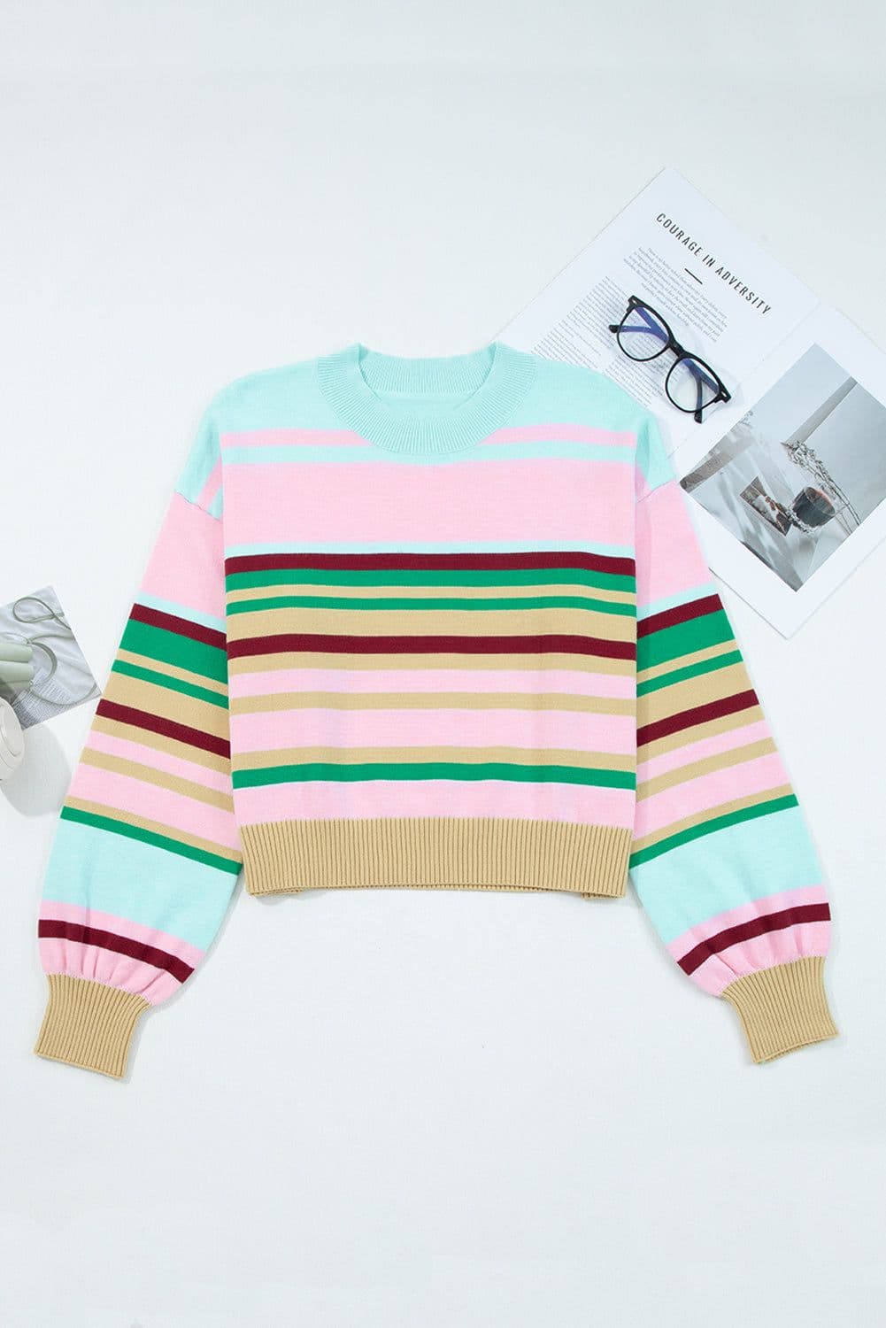 image-Multicolour Striped Knit Ribbed Trim Boxy Fit Cropped Sweater