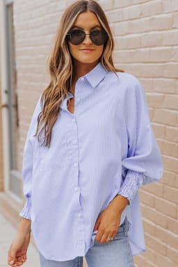 image-Sky Blue Striped Boyfriend Shirt with Pocket - Smocked Cuffs
