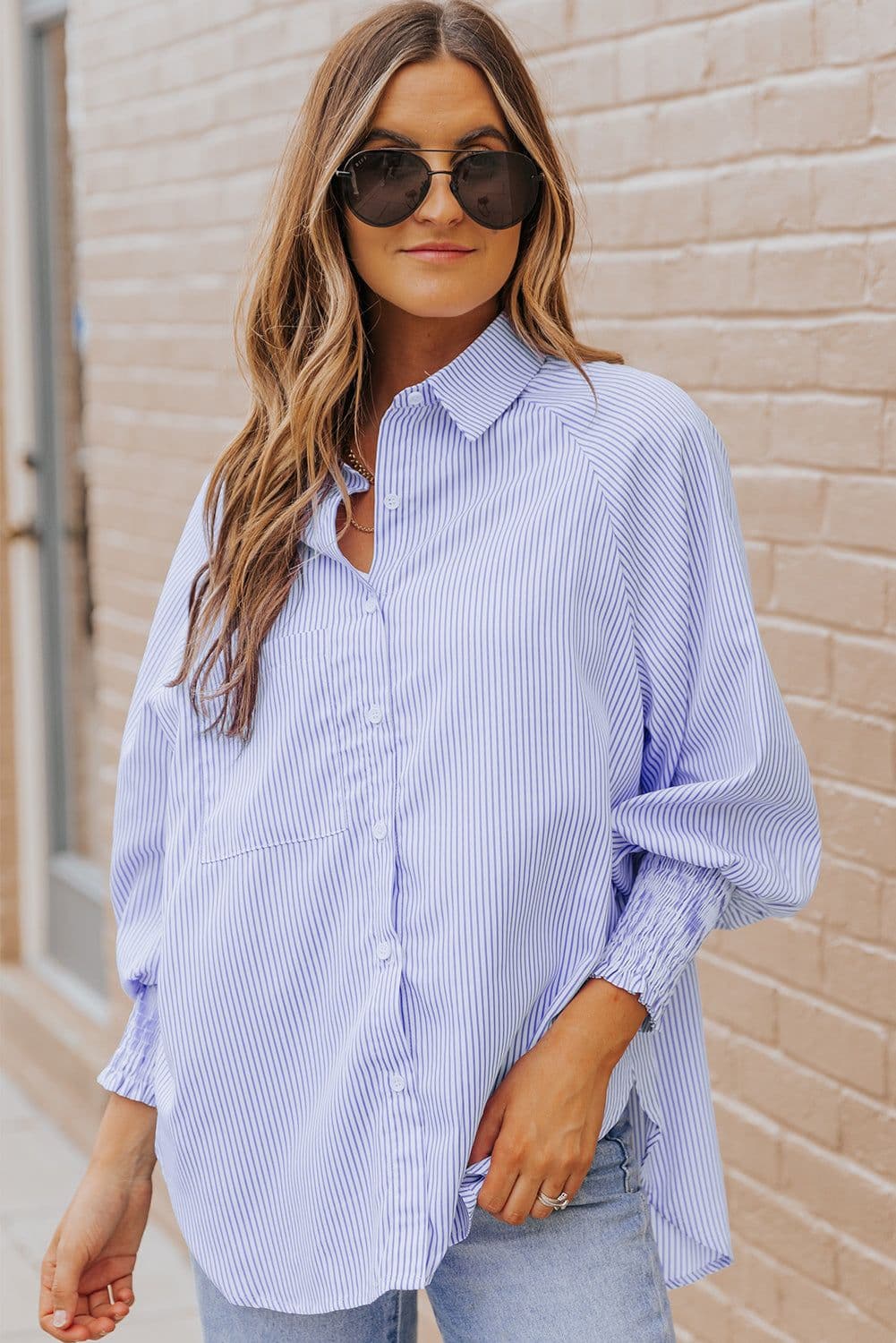 image-Sky Blue Striped Boyfriend Shirt with Pocket - Smocked Cuffs