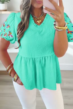 image-Sachet Pink Blouse Flower Embroidered Frilled V Neck