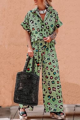 image-Green Leopard Print Shirt & Pants Set - Short Sleeve & Wide Leg Chic Outfit