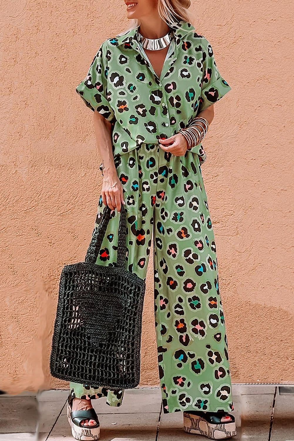 image-Green Leopard Print Shirt & Pants Set - Short Sleeve & Wide Leg Chic Outfit