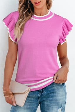 image-Bonbon Edge Piping Ruffled Sleeve Round Neck Knit Top