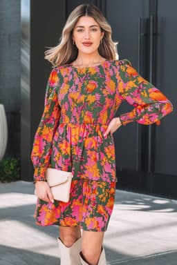 image-Multicolor Floral Long Sleeve Smocked Mini Dress