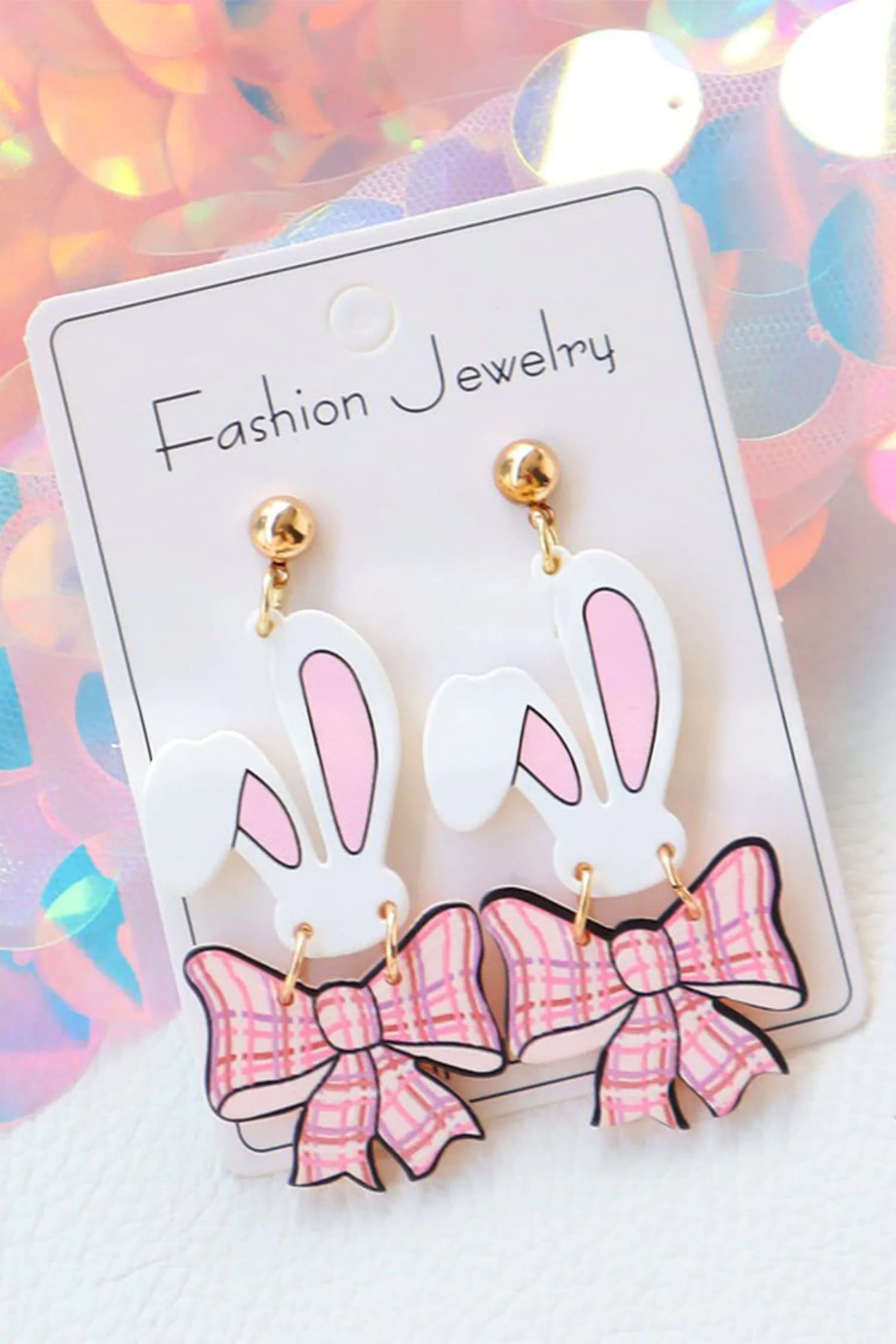 image-Pink Plaid Bow Bunny Drop Earrings