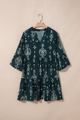 image-Sky Blue Boho Floral Print Mini Dress 3/4 Sleeve