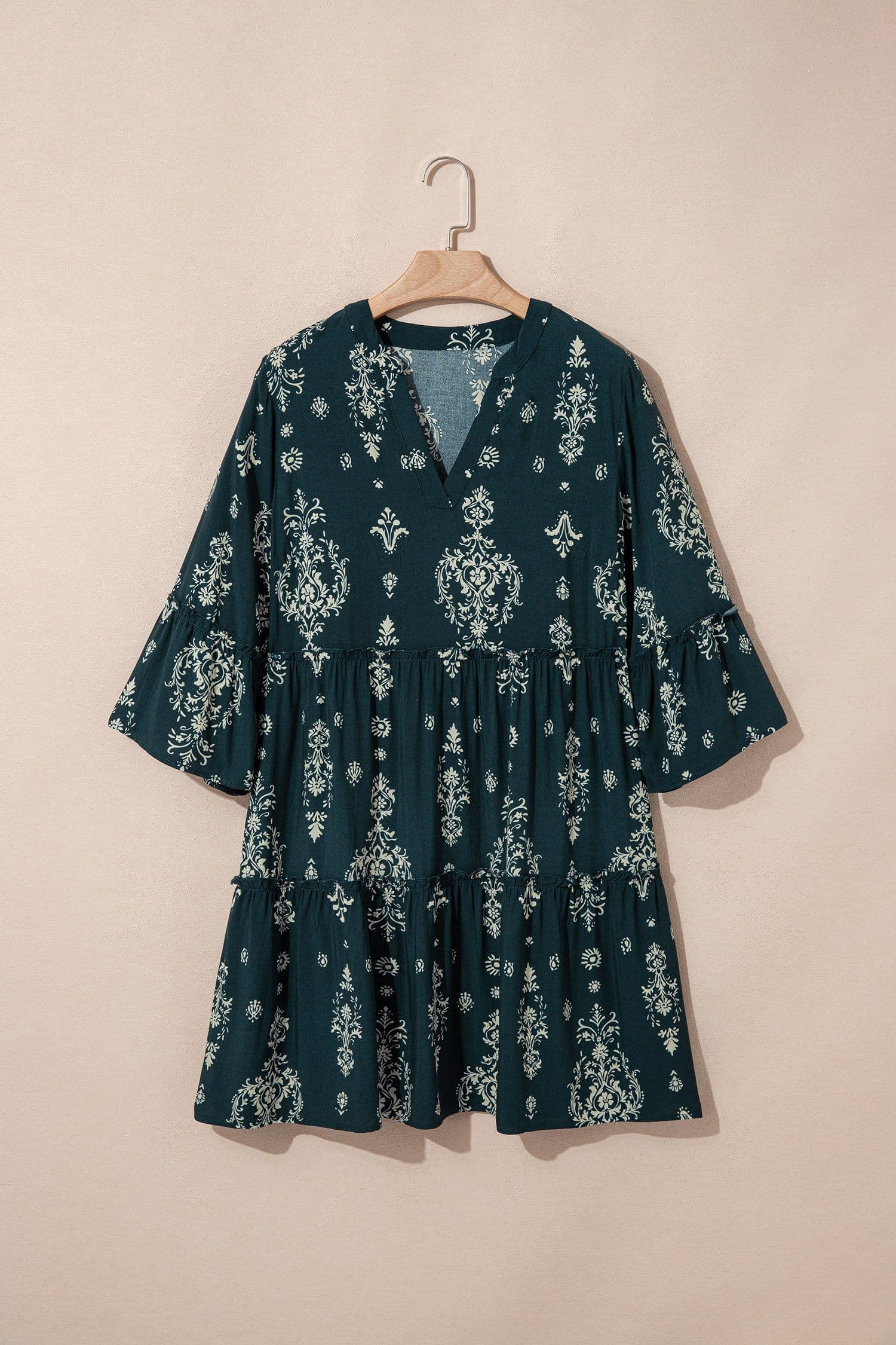 image-Sky Blue Boho Floral Print Mini Dress 3/4 Sleeve