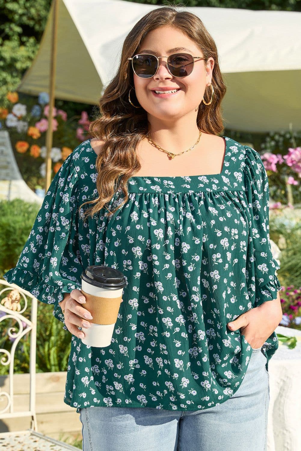 image-Plus Size Floral Print Blouse - Green Ruffled Square Neck
