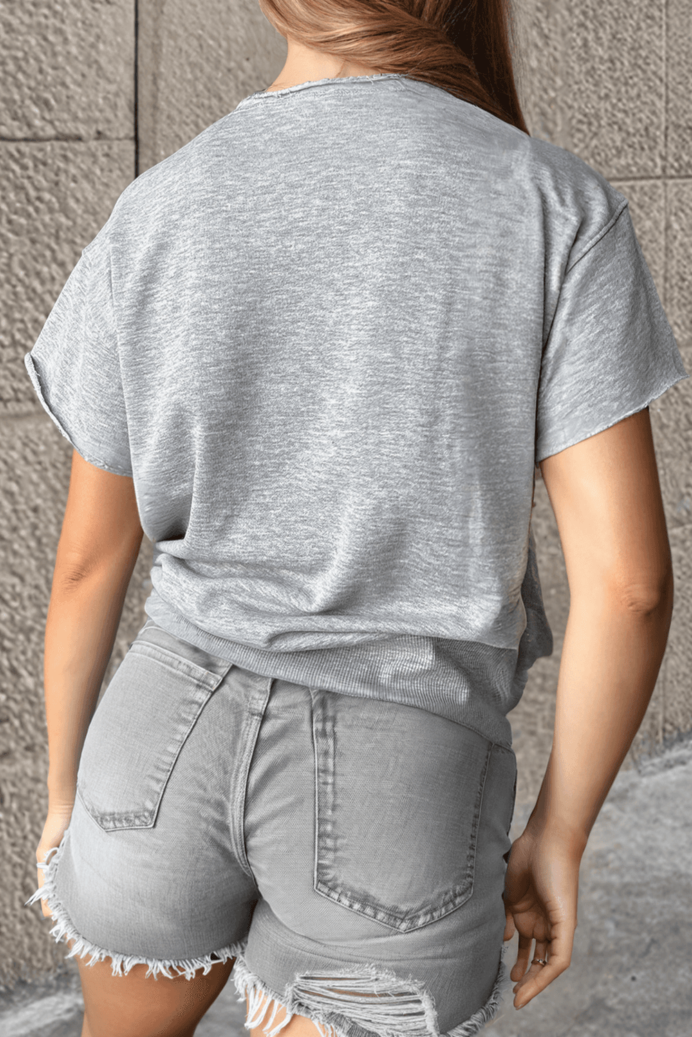 image-Light Grey USA Lettering Patch Notched Neck Loose Tee