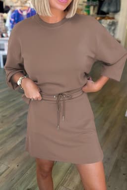 image-Coffee Drop Shoulder Pullover & Mini Skirt Set