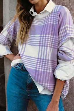 image-Lilac Plaid Print Ribbed Trim Loose Sweater