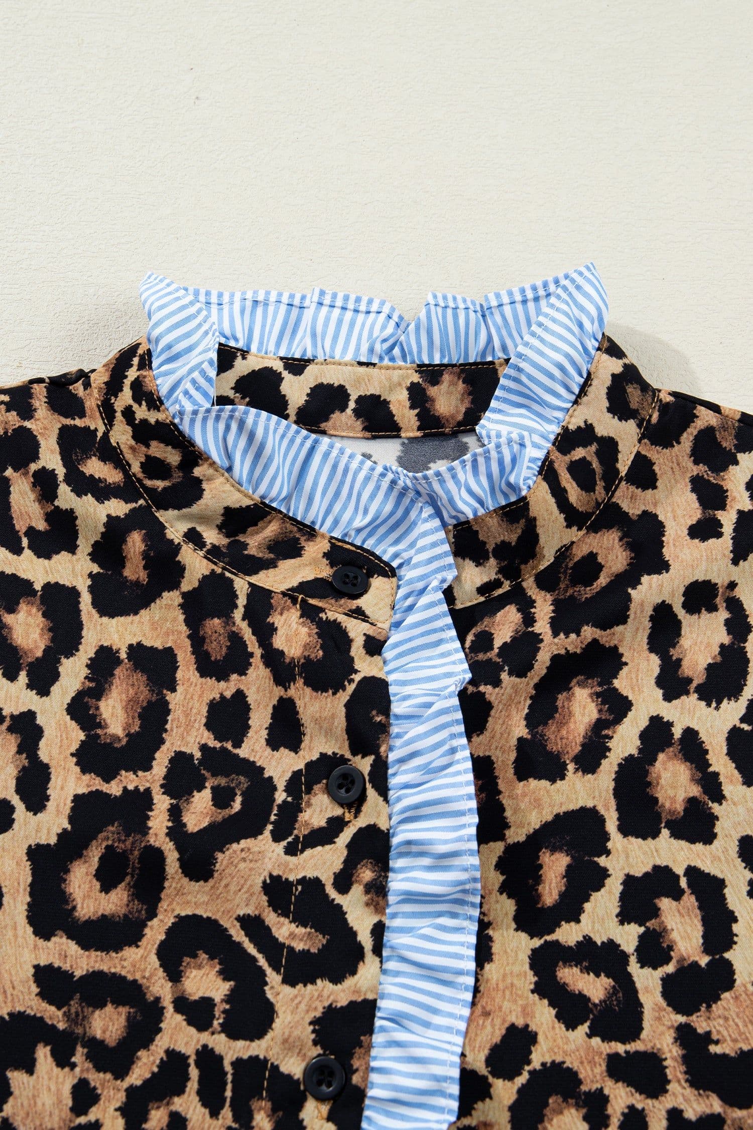 image-Brown Wild Leopard Print Contrast Striped Frilled Trim Chic Shirt