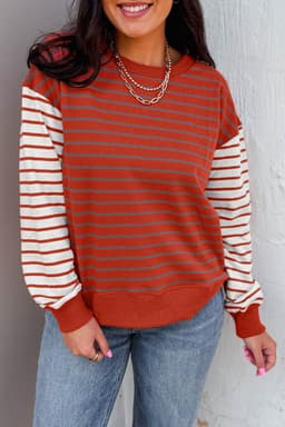 image-Orange Stripe Contrast Sleeve Patchwork Sweatshirt
