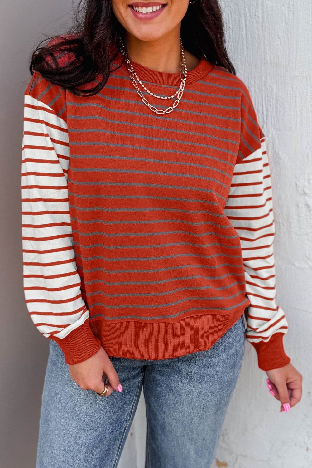image-Orange Stripe Contrast Sleeve Patchwork Sweatshirt