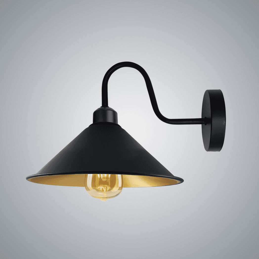 image-Black inner Gold Wall Light Fixture,Black Wall Sconce E27 Base Socket Screw Wall Mounted Swan Neck Cone Shape Shade