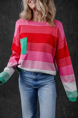 image-Striped Knit Patch Pocket Sweater - Drop Shoulder Design, Comfortable & Trendy