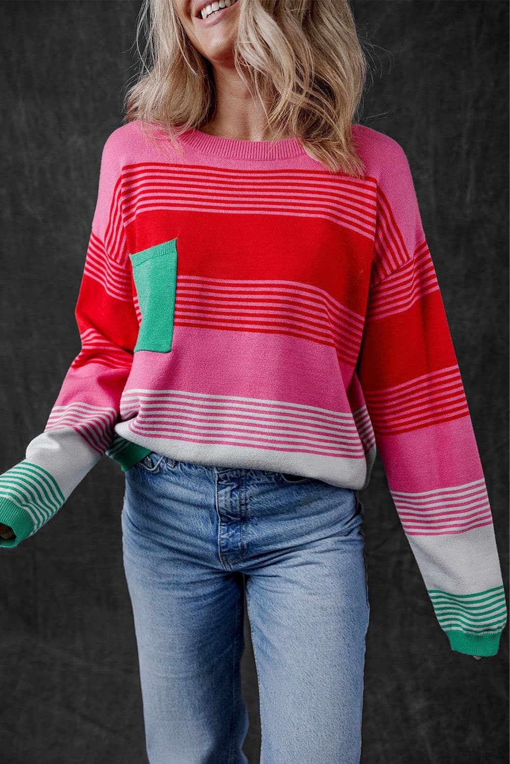 image-Striped Knit Patch Pocket Sweater - Drop Shoulder Design, Comfortable & Trendy